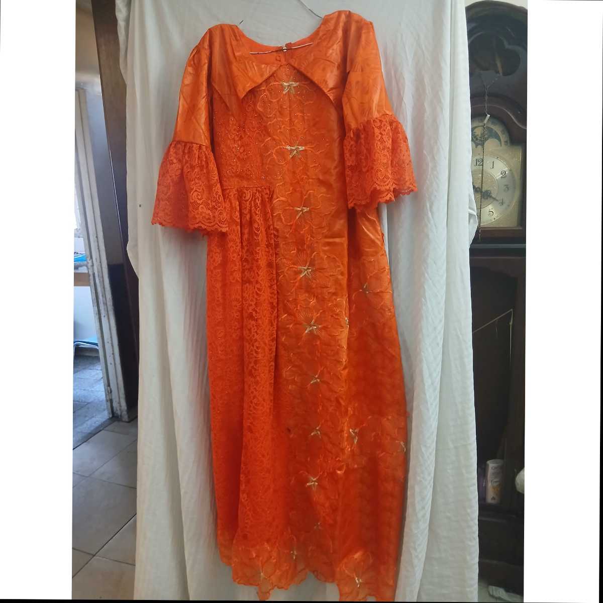 Robe geztner dentelle orange longue élégante, cérémonie et soirée femme