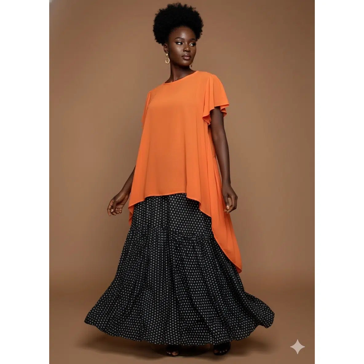 Robe volant en cotton et haut orange en chiffon de crèpe