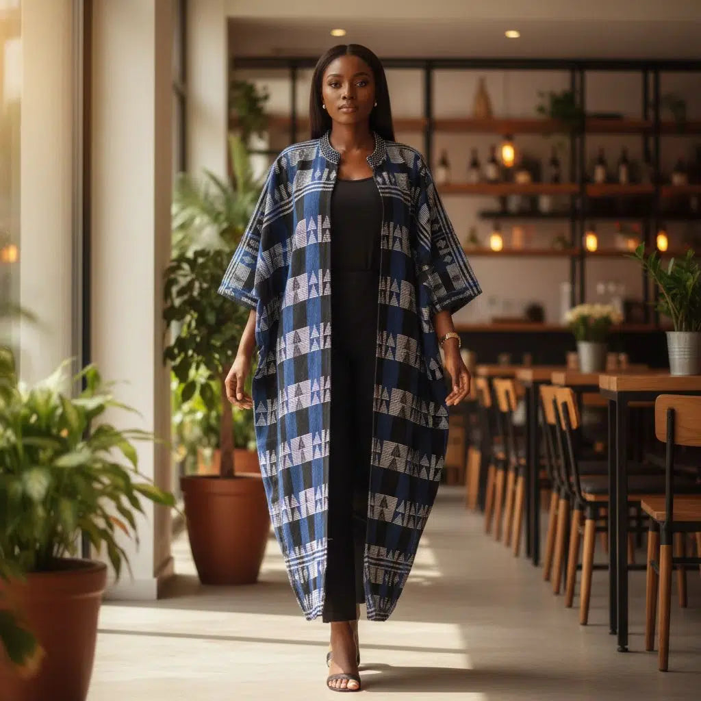 Cardigan long femme bleu motif géométrique