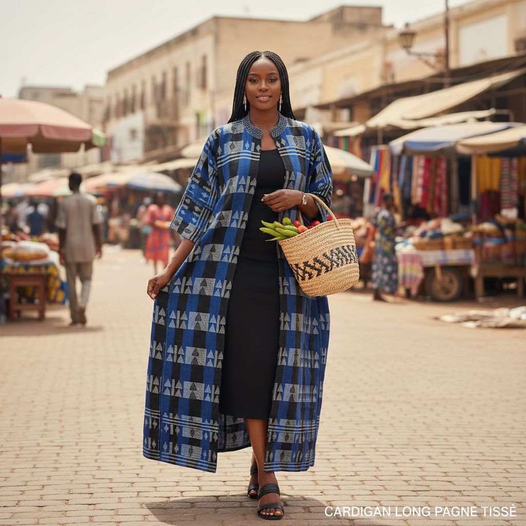Cardigan long femme bleu motif géométrique