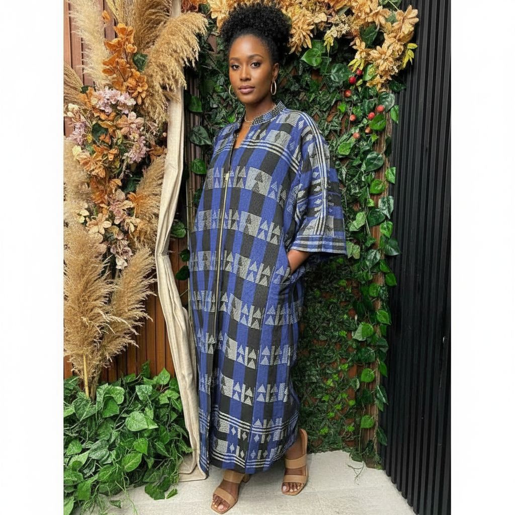 Cardigan long femme bleu motif géométrique