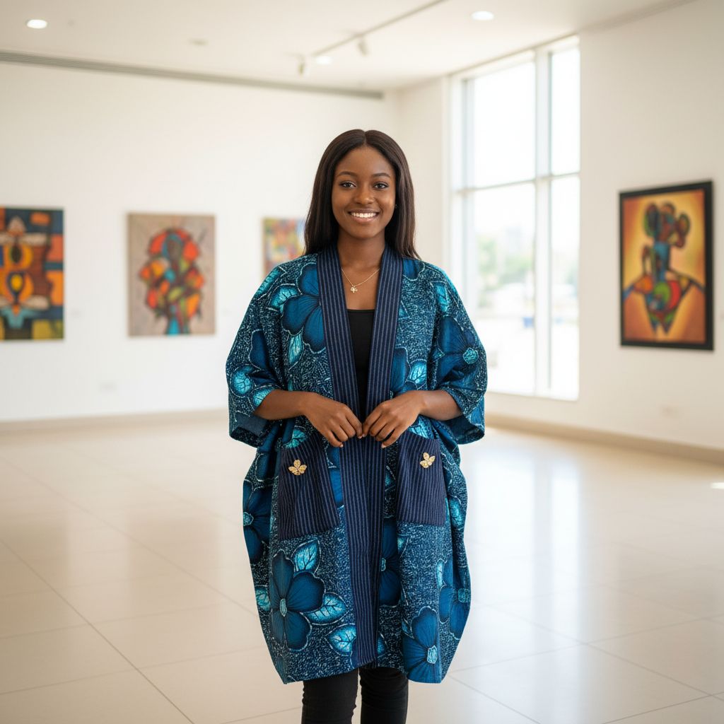 Cardigan wax femme bleu motif, kimono pagne tissé élégant et original