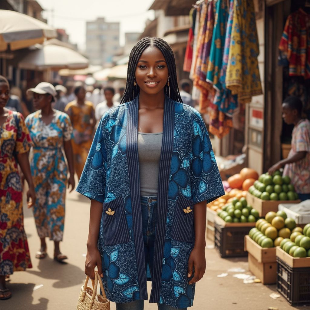 Cardigan wax femme bleu motif, kimono pagne tissé élégant et original