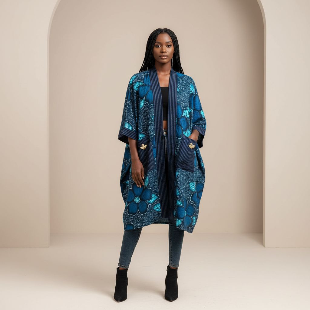 Cardigan wax femme bleu motif, kimono pagne tissé élégant et original