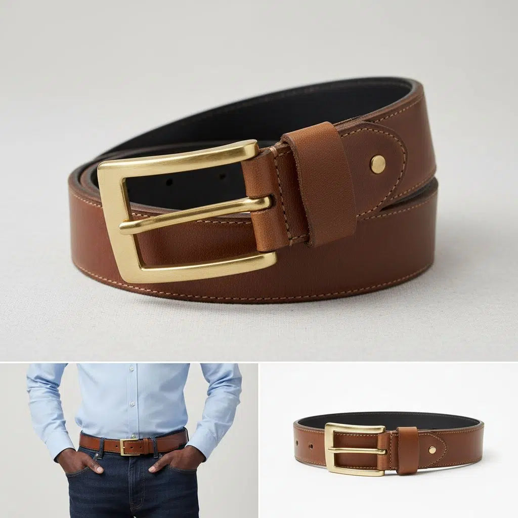 Ceinture cuir homme marron foncé élégante, boucle dorée, robuste et chic