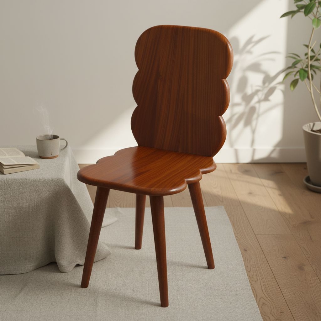 Chaise bois massif design dossier arrondi, style rétro marron foncé