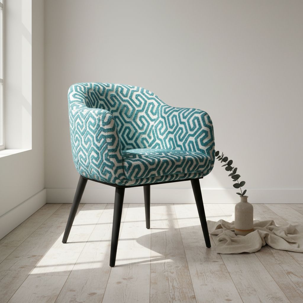 Chaise design moderne turquoise et blanc, confortable, pieds noirs robustes