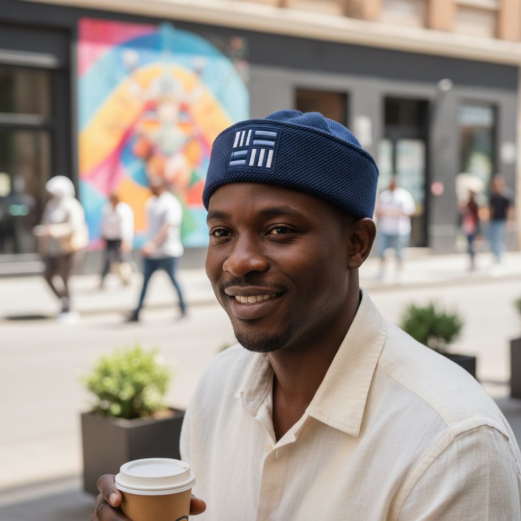 Chapeau togolais bleu Kantu en laine, bonnet brodé chic et moderne