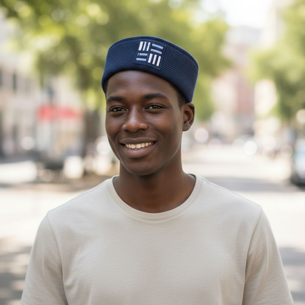 Chapeau togolais bleu Kantu en laine, bonnet brodé chic et moderne