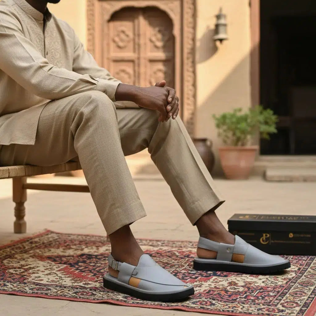 Chaussures pakistanaises homme cuir gris style Pukhtoon, artisanales et élégantes