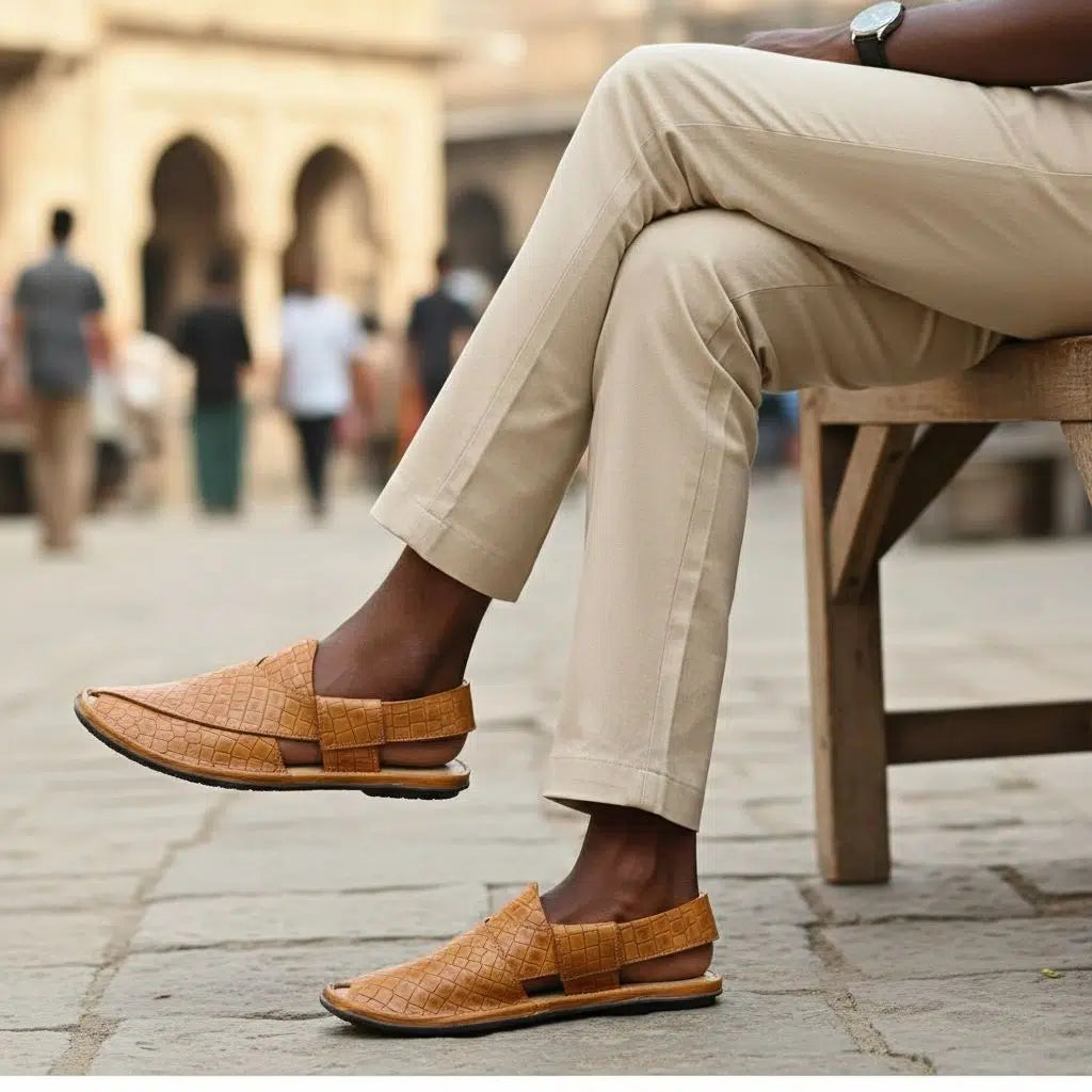 Chaussures pakistanaises homme cuir marron tabac style Pukhtoon
