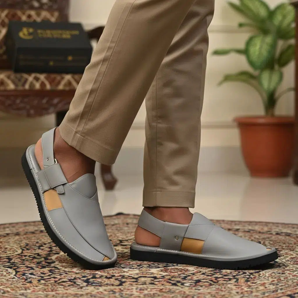 Chaussures pakistanaises homme cuir gris style Pukhtoon, artisanales et élégantes