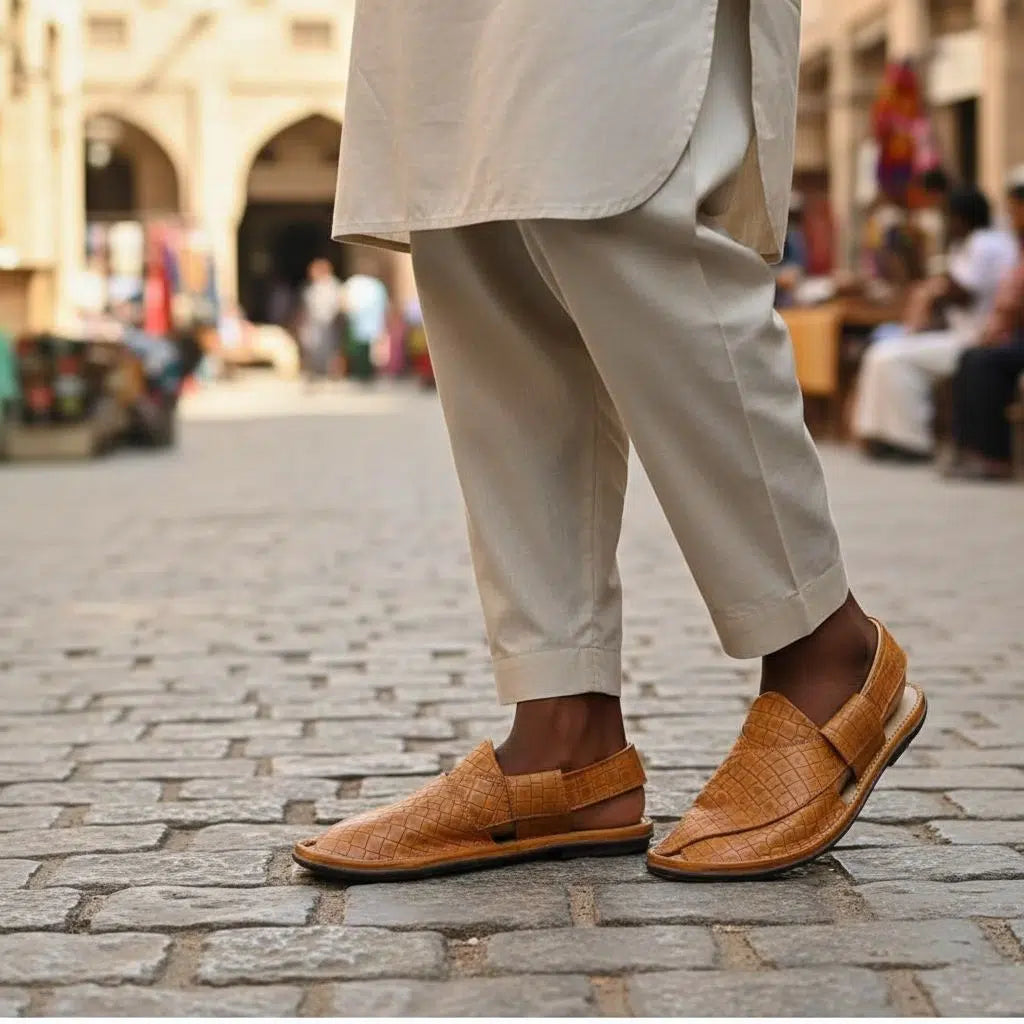 Chaussures pakistanaises homme cuir marron tabac style Pukhtoon