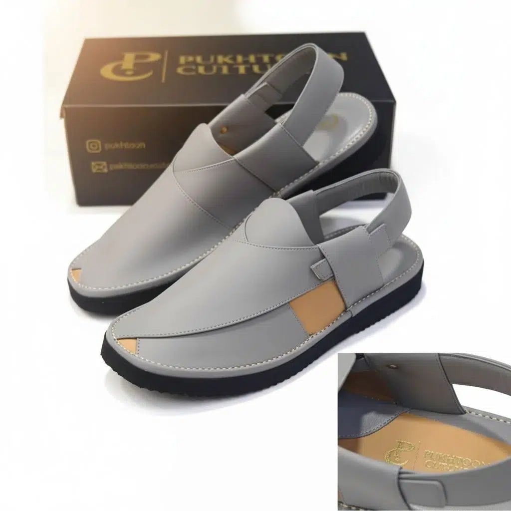 Chaussures pakistanaises homme cuir gris style Pukhtoon, artisanales et élégantes