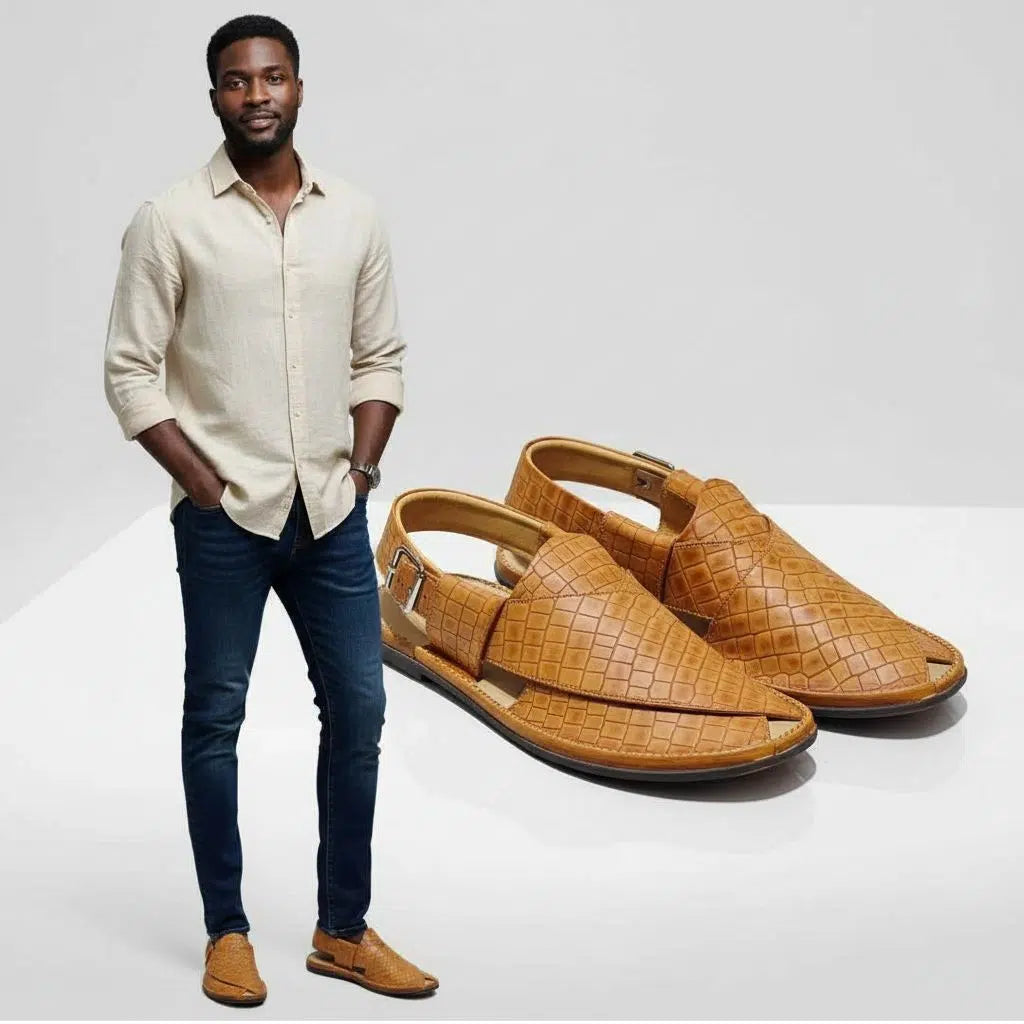 Chaussures pakistanaises homme cuir marron tabac style Pukhtoon