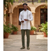 Chemise 2 en 1 homme blanche coton, tunique chic col mao cérémonie