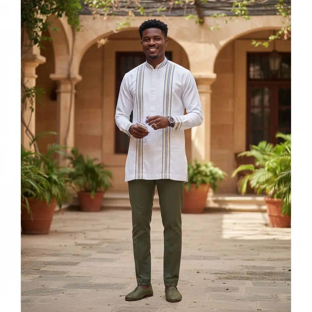 Chemise 2 en 1 homme blanche coton, tunique chic col mao cérémonie