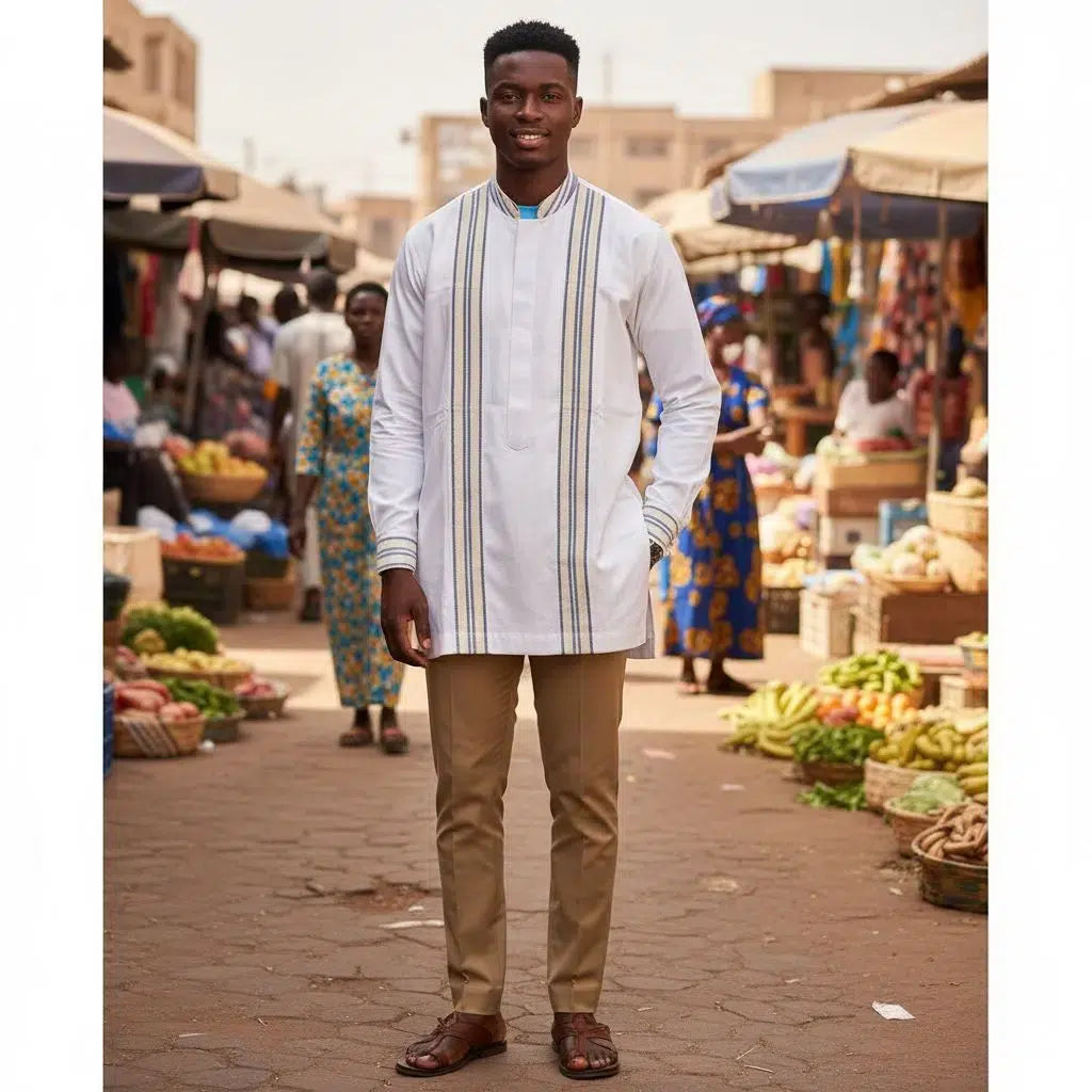 Chemise 2 en 1 homme blanche coton, tunique chic col mao cérémonie