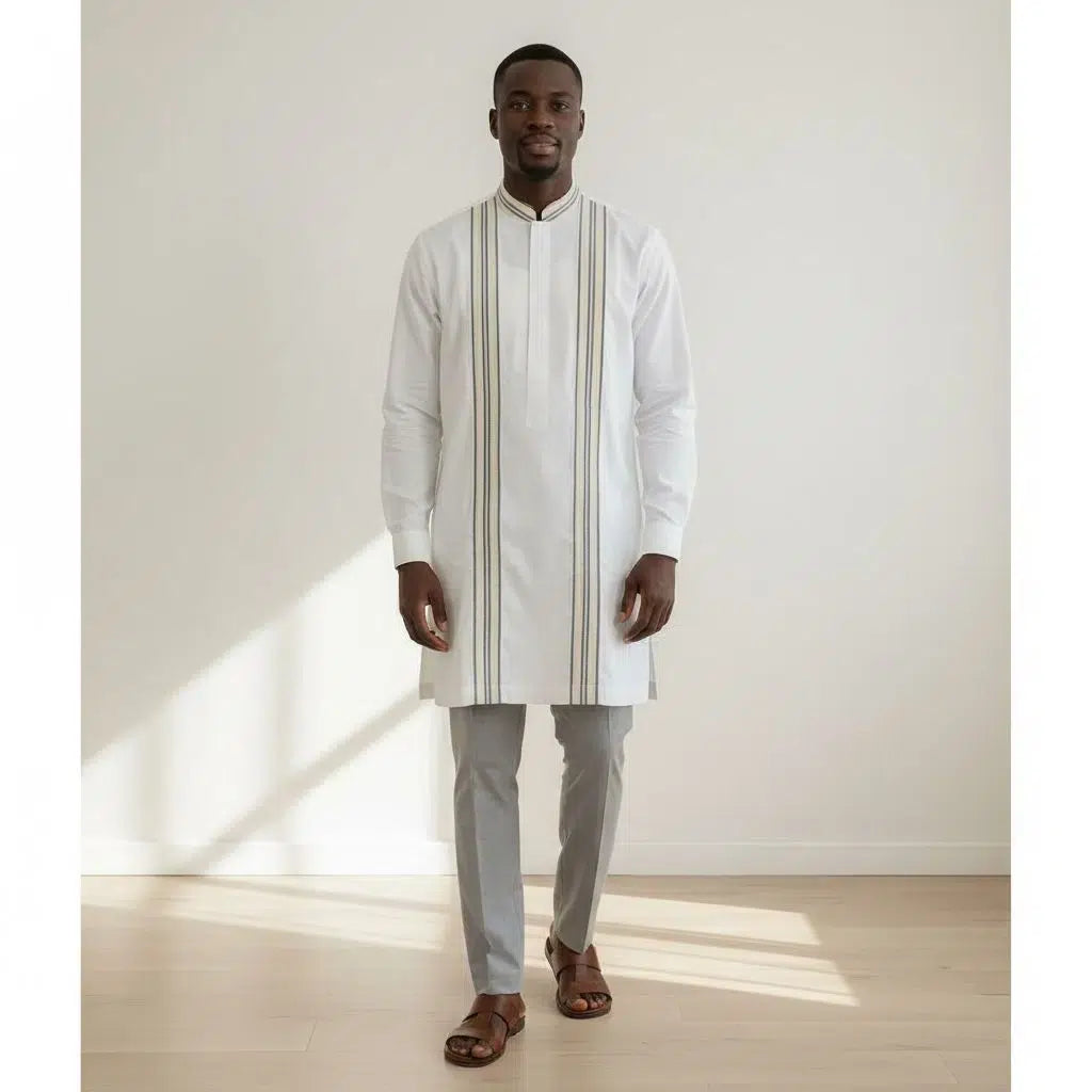 Chemise 2 en 1 homme blanche coton, tunique chic col mao cérémonie