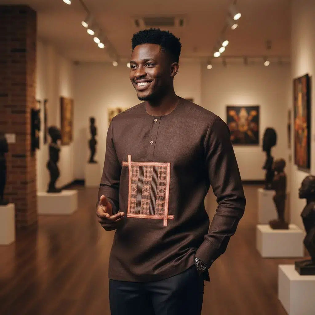 Chemise africaine homme lin marron brodée