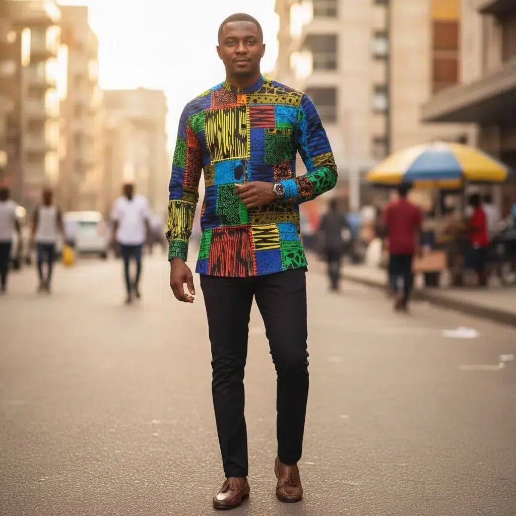 Chemise africaine homme manche longue wax woodin