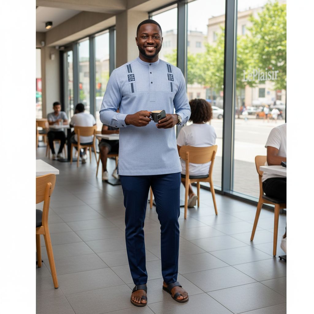 Chemise africaine homme col mao bleu brodée coton lin