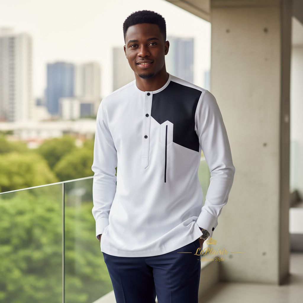 Chemise africaine homme bicolore noir et blanc, élégante et moderne