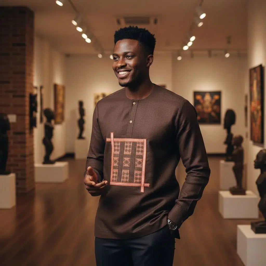 Chemise africaine homme lin marron brodée