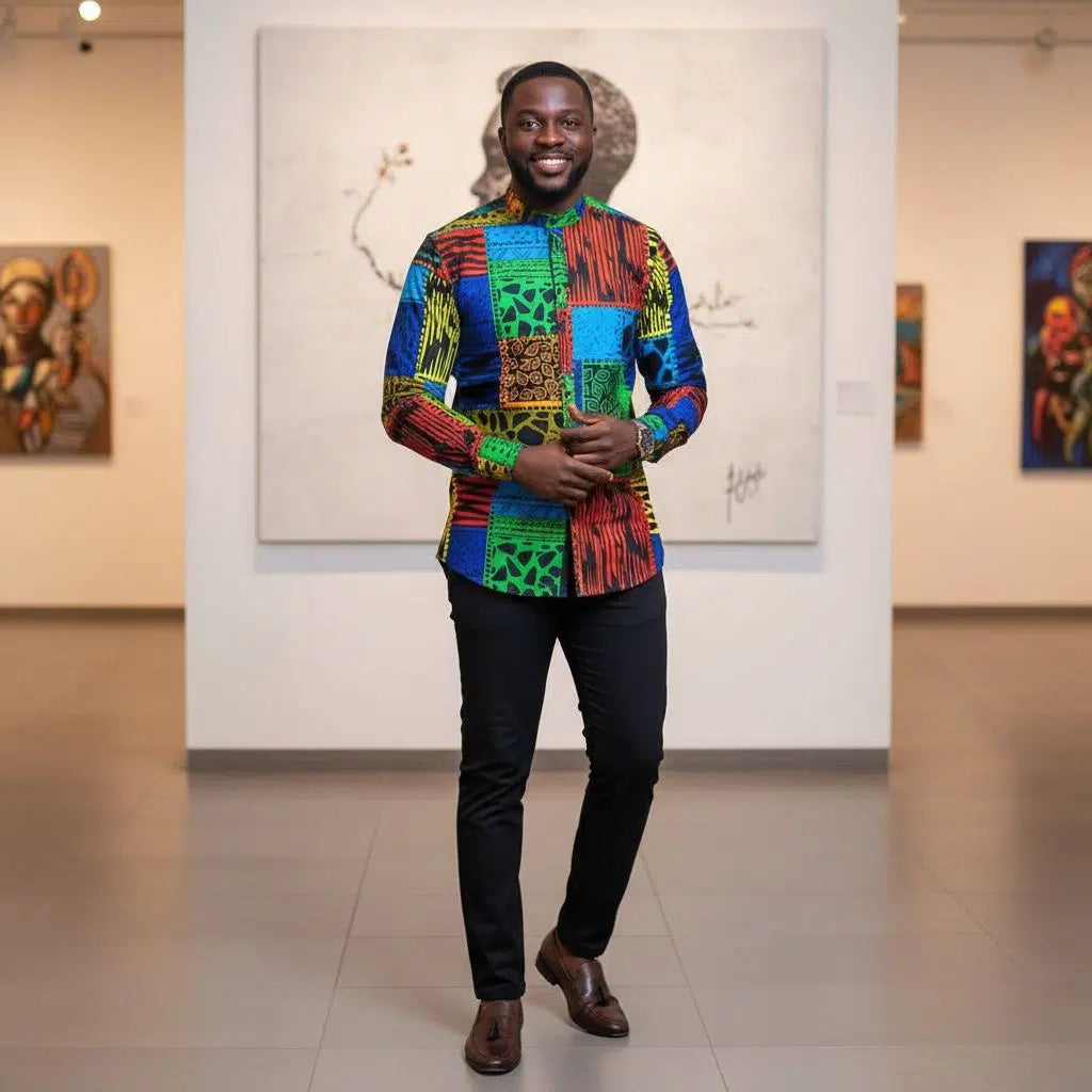 Chemise africaine homme manche longue wax woodin