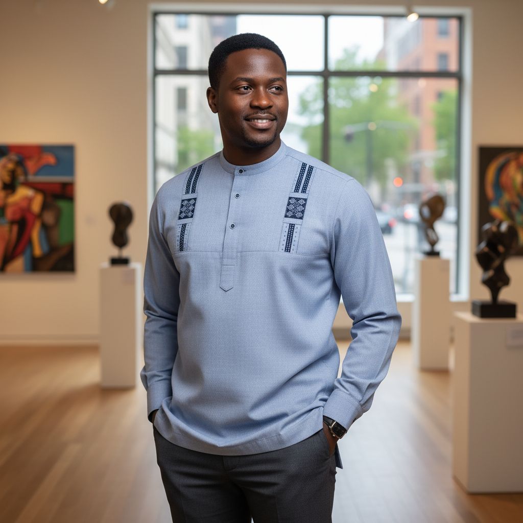 Chemise africaine homme col mao bleu brodée coton lin