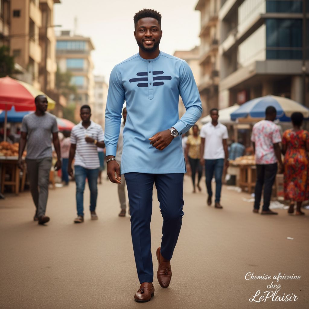 Chemise africaine homme bleue élégante col mao motif géométrique coton