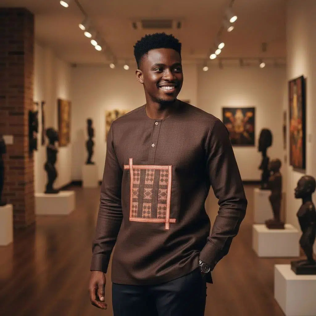 Chemise africaine homme lin marron brodée