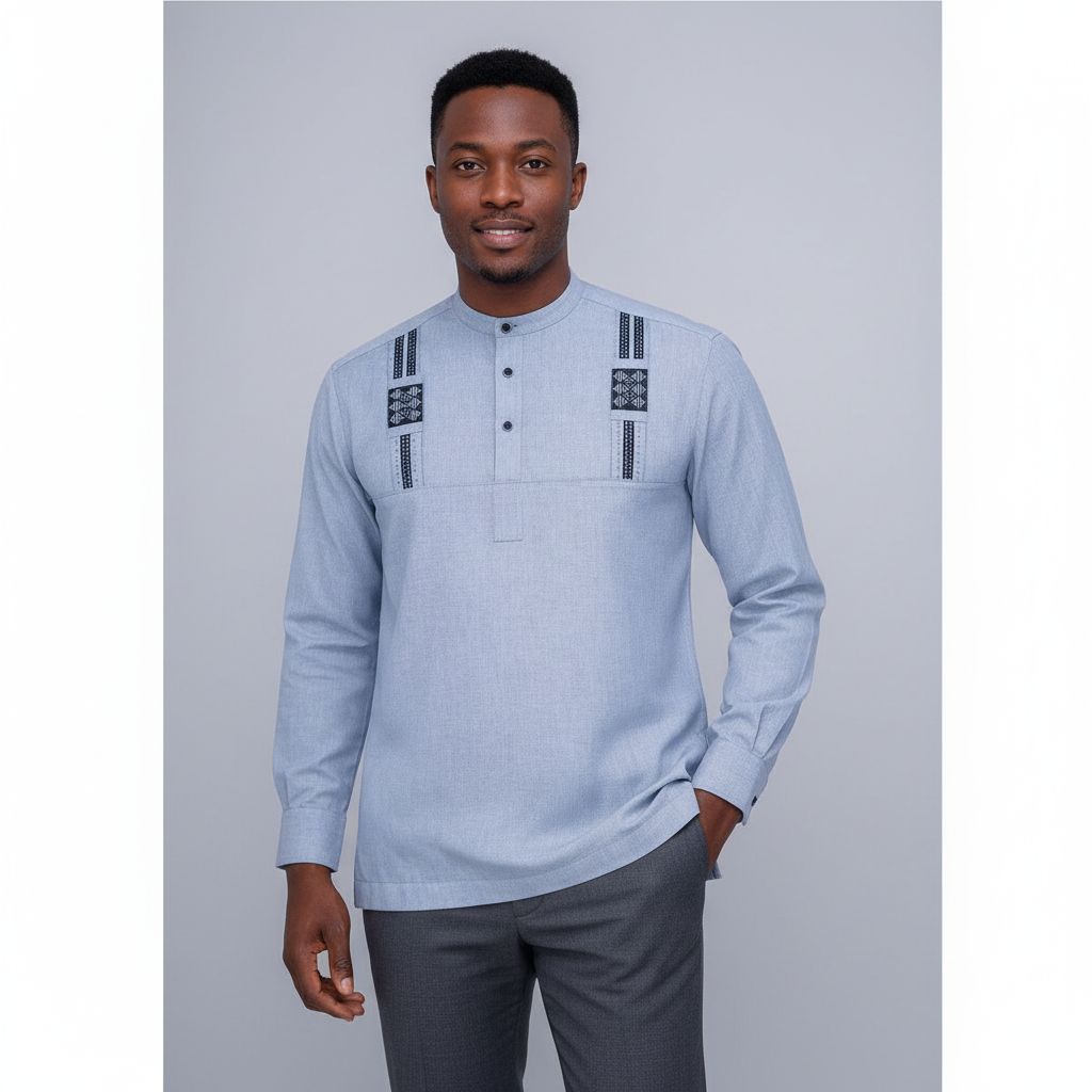Chemise africaine homme col mao bleu brodée coton lin