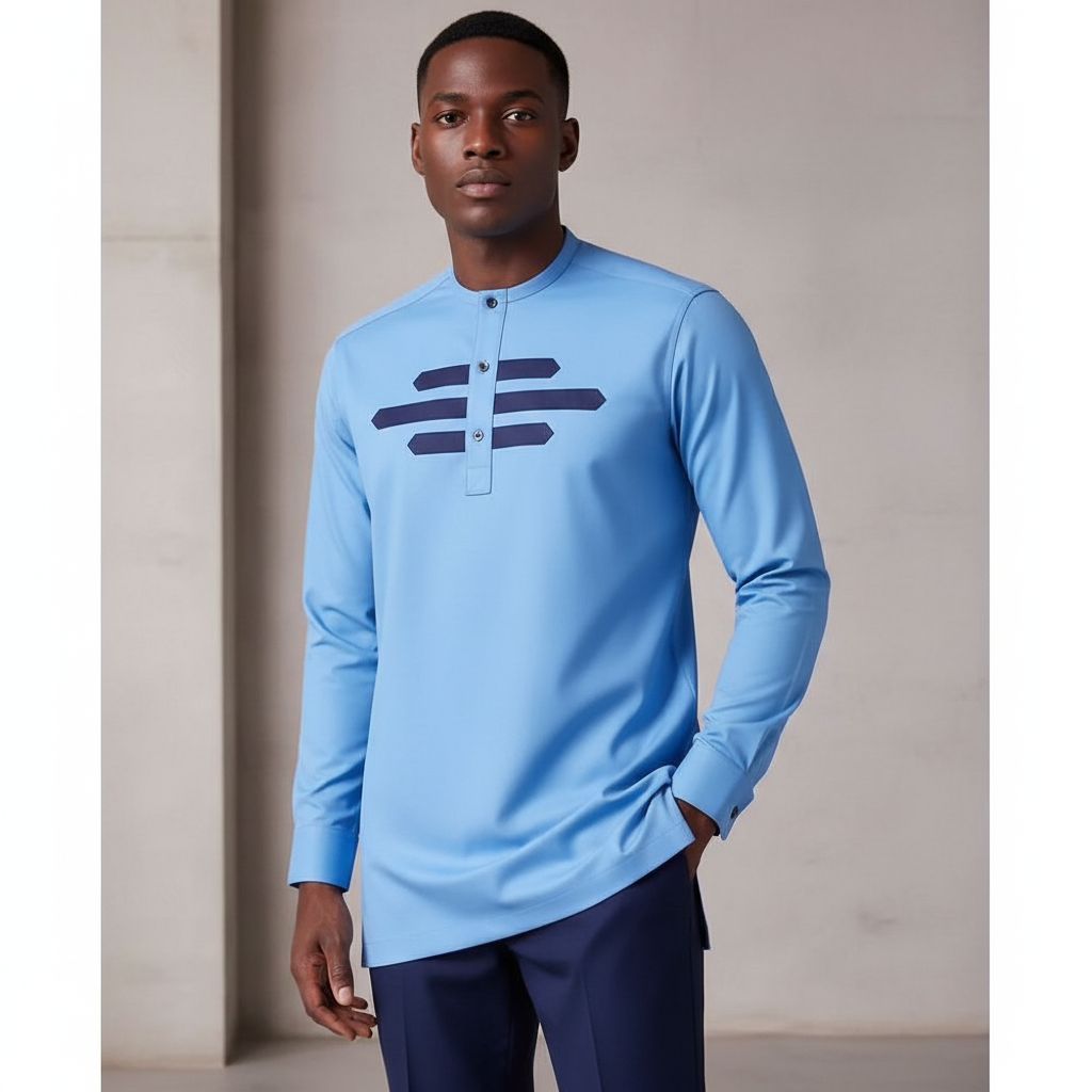 Chemise africaine homme bleue élégante col mao motif géométrique coton