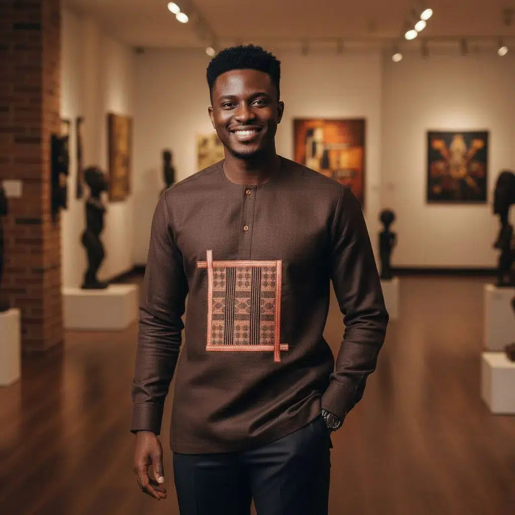 Chemise africaine homme lin marron brodée