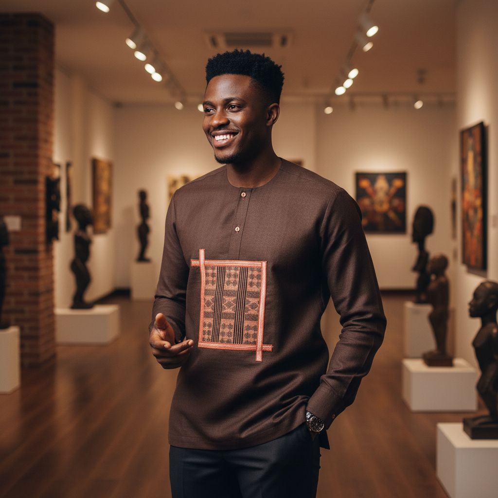 Chemise africaine homme lin marron brodée