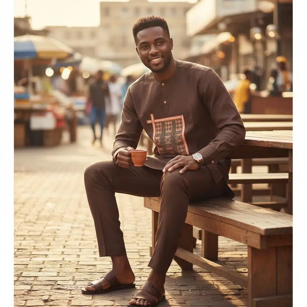 Chemise africaine homme lin marron brodée