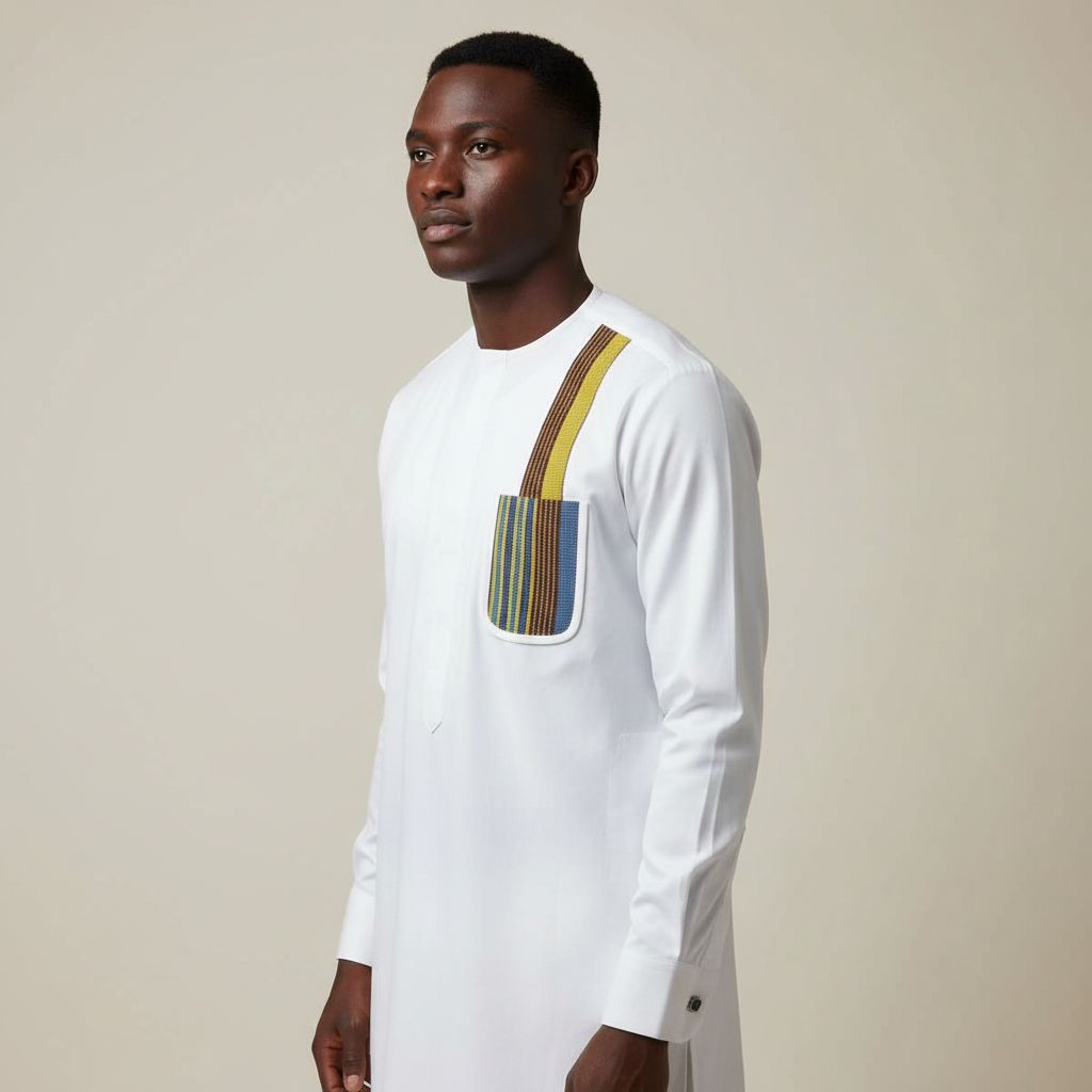Chemise blanche homme col rond et pagne tissé (L)
