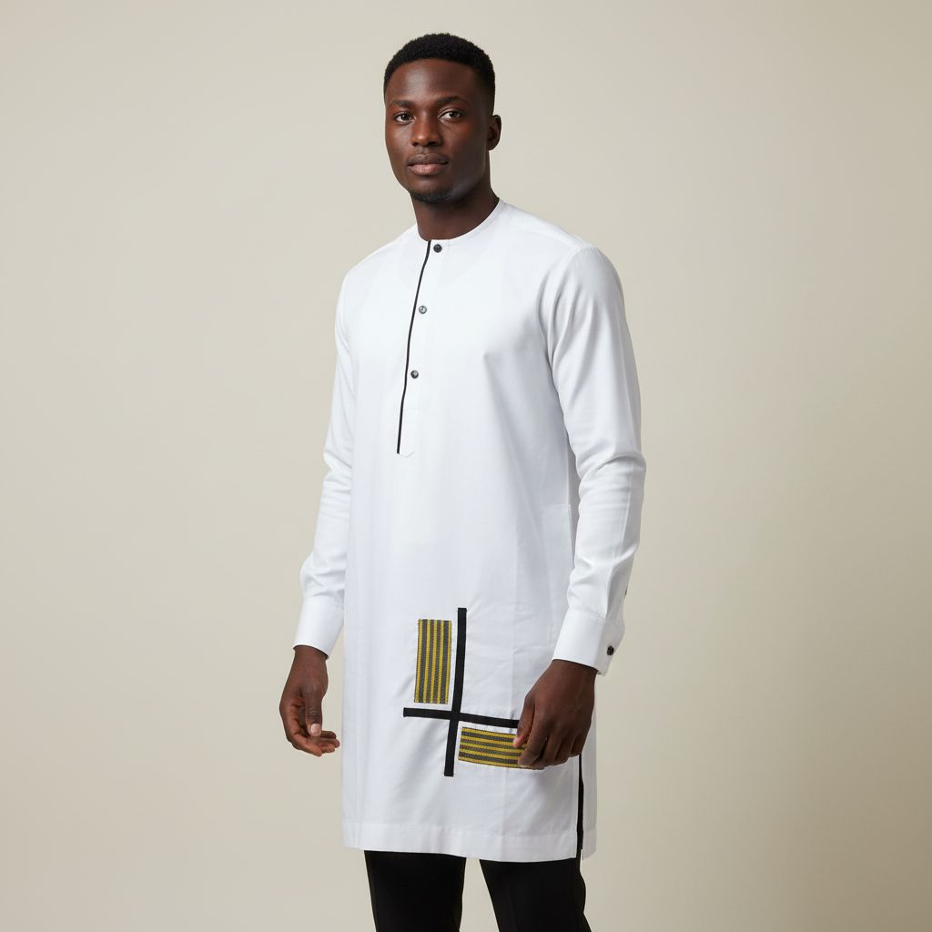 Chemise blanche homme en coton avec pagne tissé et broderie artisanale