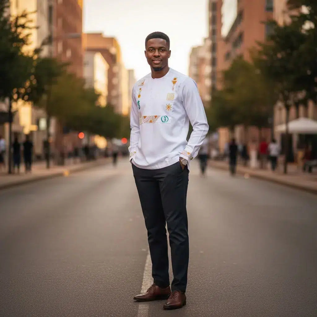 Chemise blanche homme avec des motifs artistiques ethniques