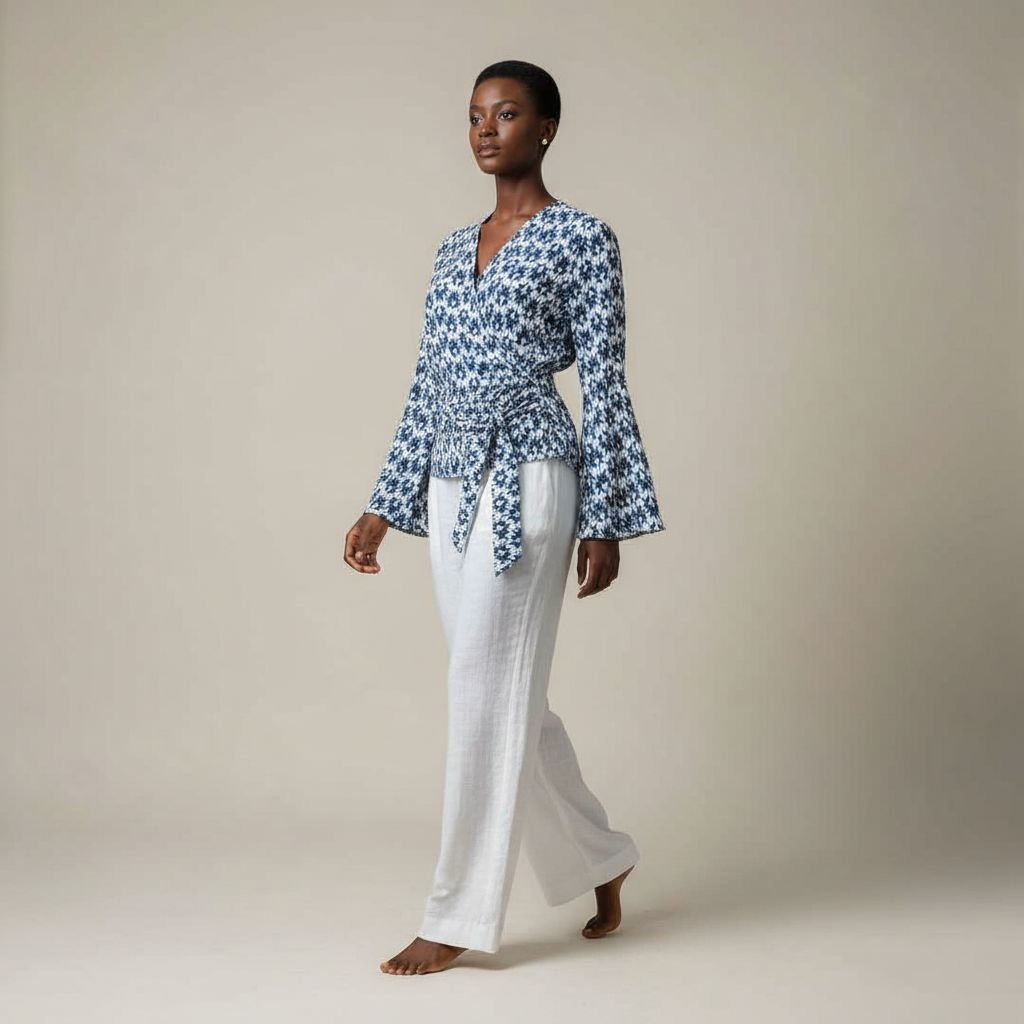 Chemise cache cœur femme et pantalon blanc bleu