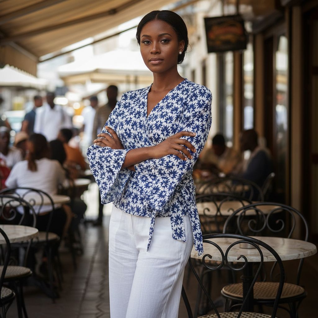 Chemise cache cœur femme et pantalon blanc bleu