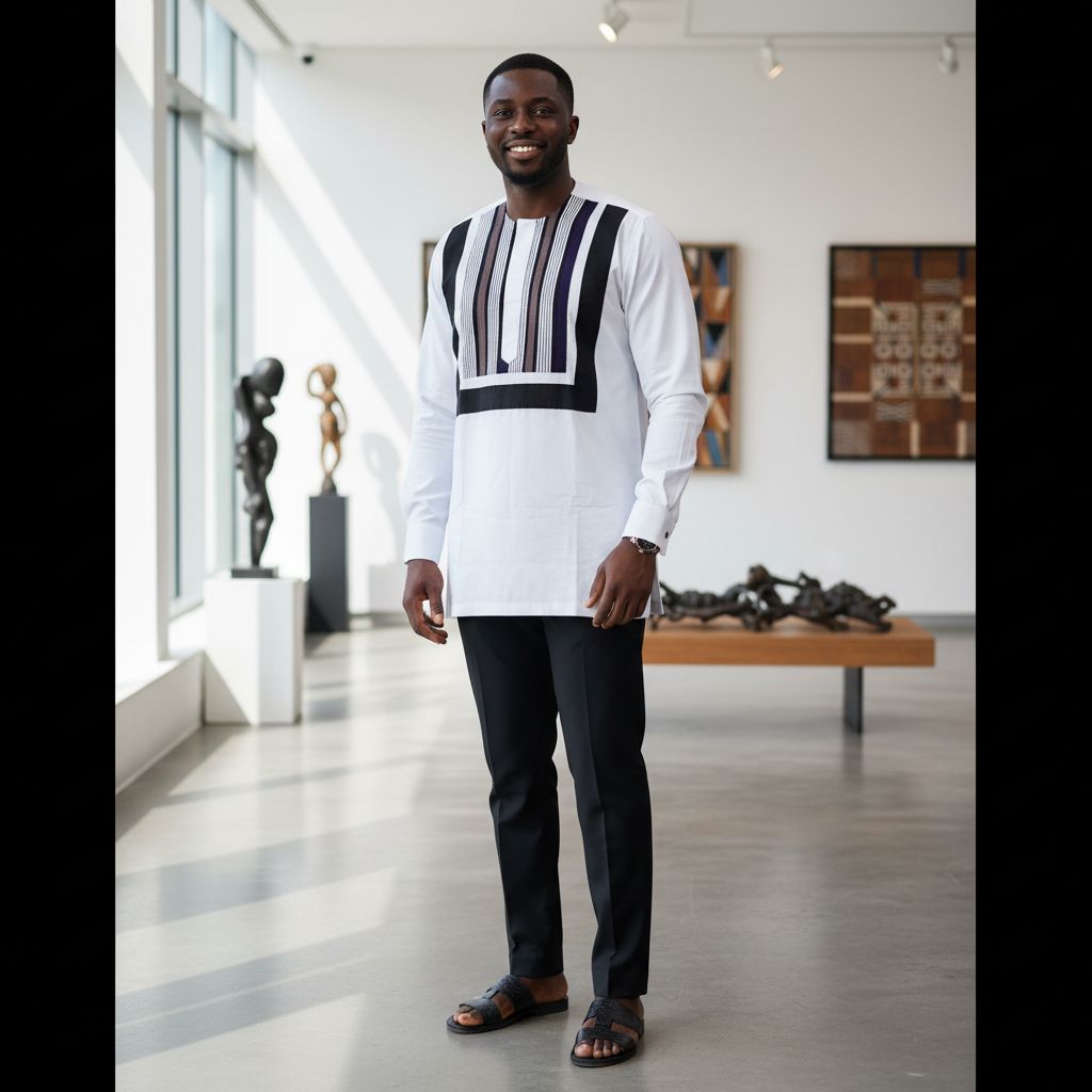 Chemise coton blanc homme et pagne tissée, élégance africaine chic