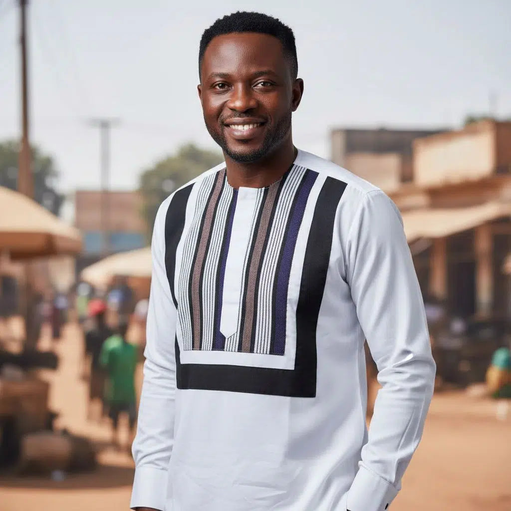 Chemise coton blanc homme et pagne tissée, élégance africaine chic