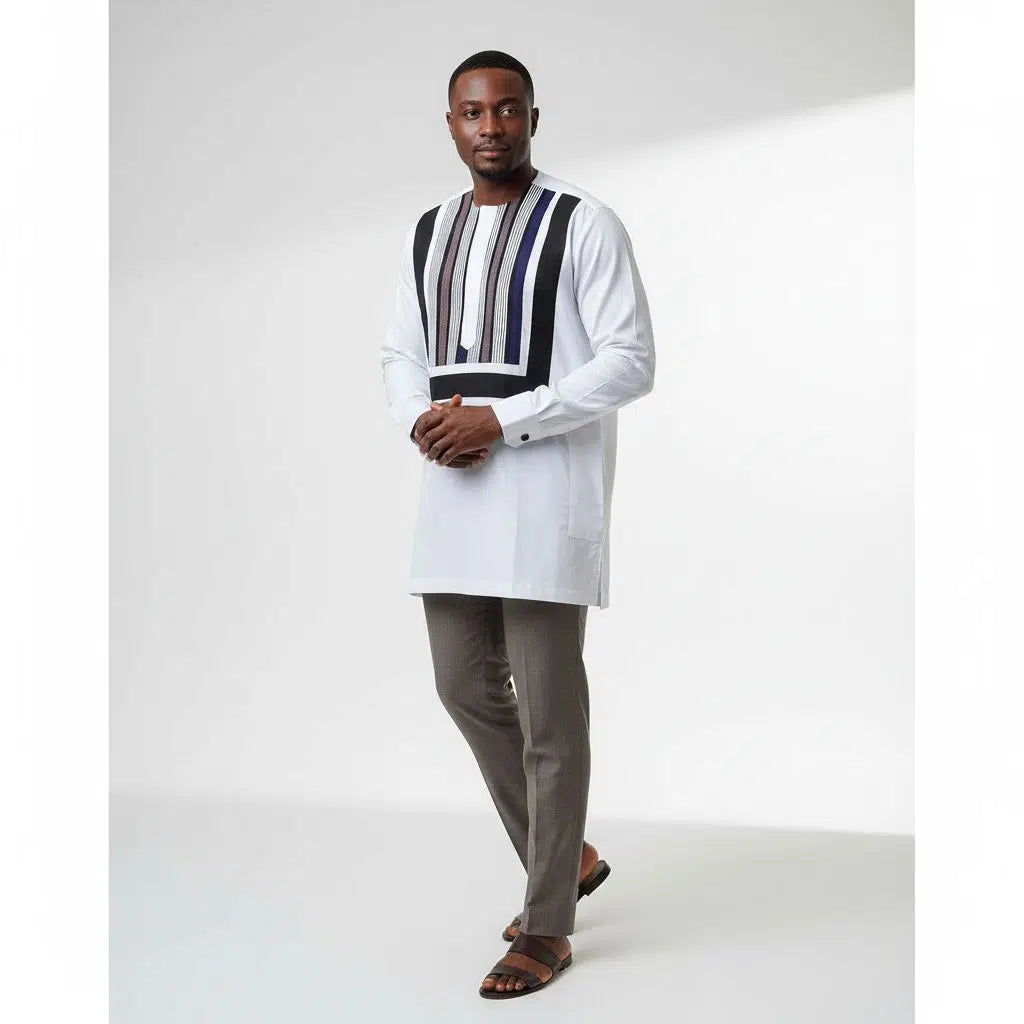 Chemise coton blanc homme et pagne tissée, élégance africaine chic