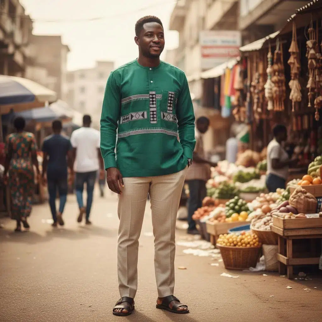 Chemise coton homme artisanale verte, pagne tissé fait main, cadeau original