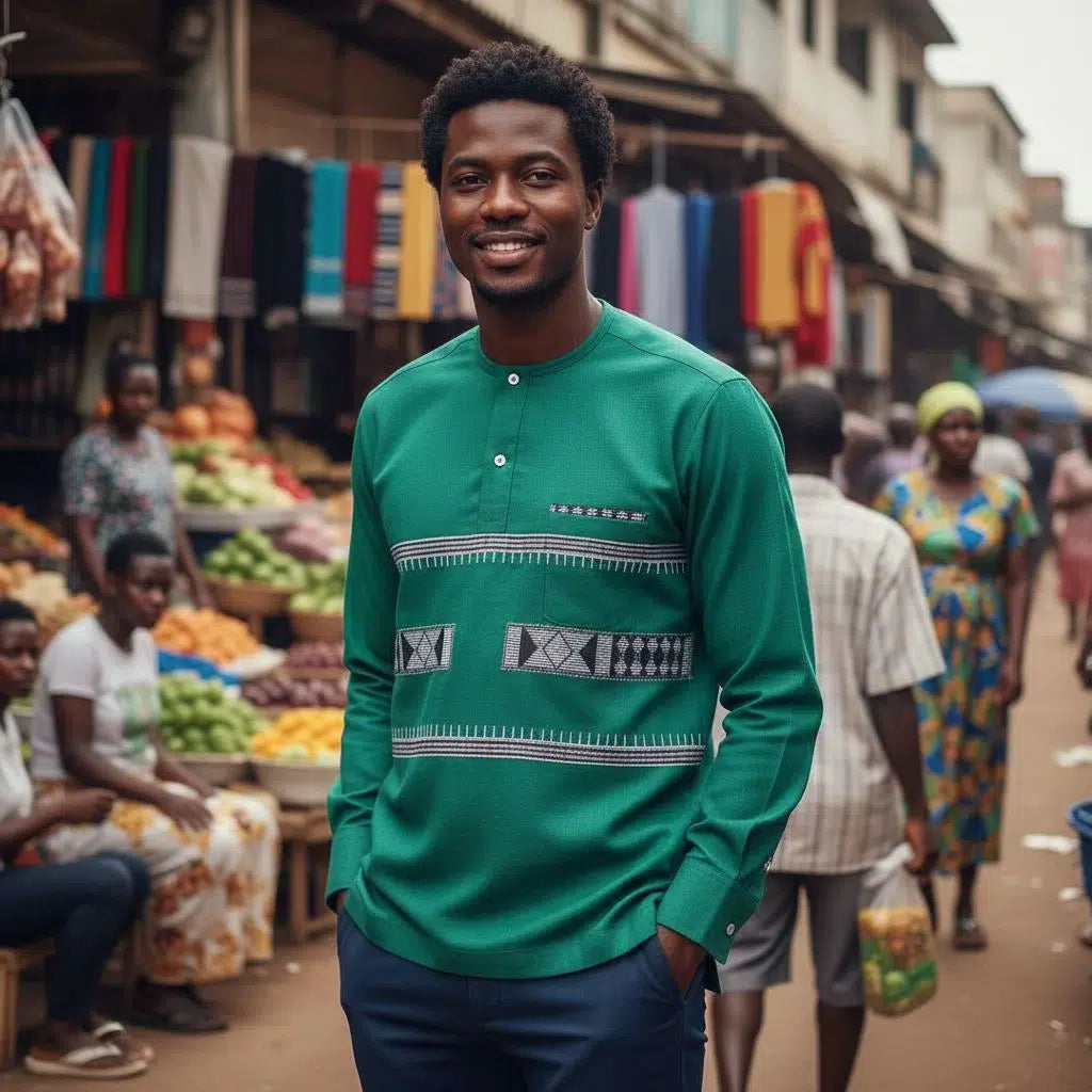 Chemise coton homme artisanale verte, pagne tissé fait main, cadeau original