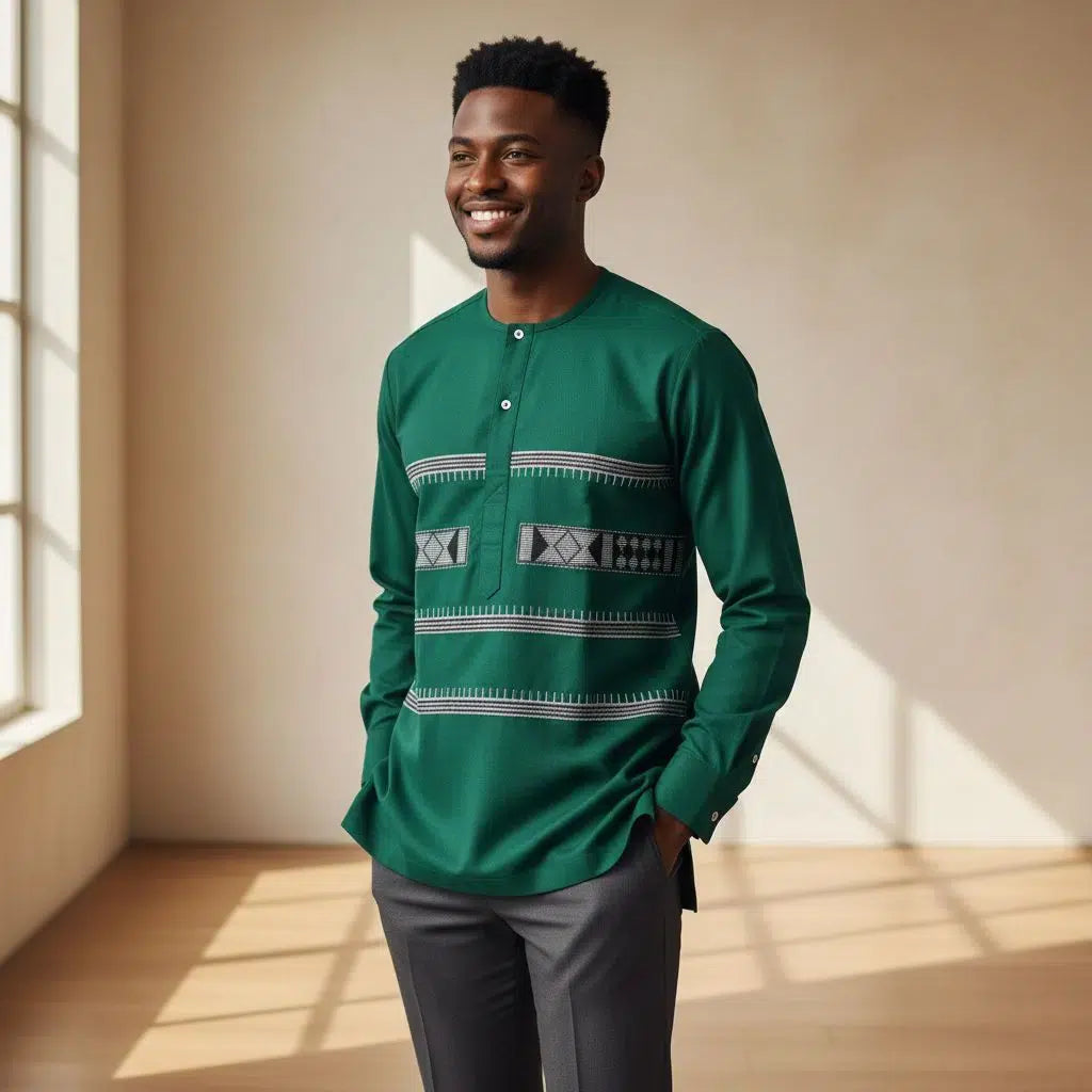 Chemise coton homme artisanale verte, pagne tissé fait main, cadeau original