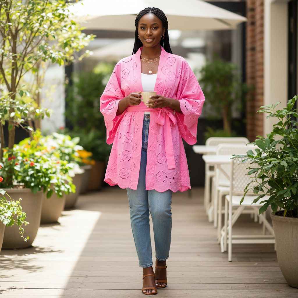 Chemise femme broderie anglaise rose, blouse large bohème chic ceinturée