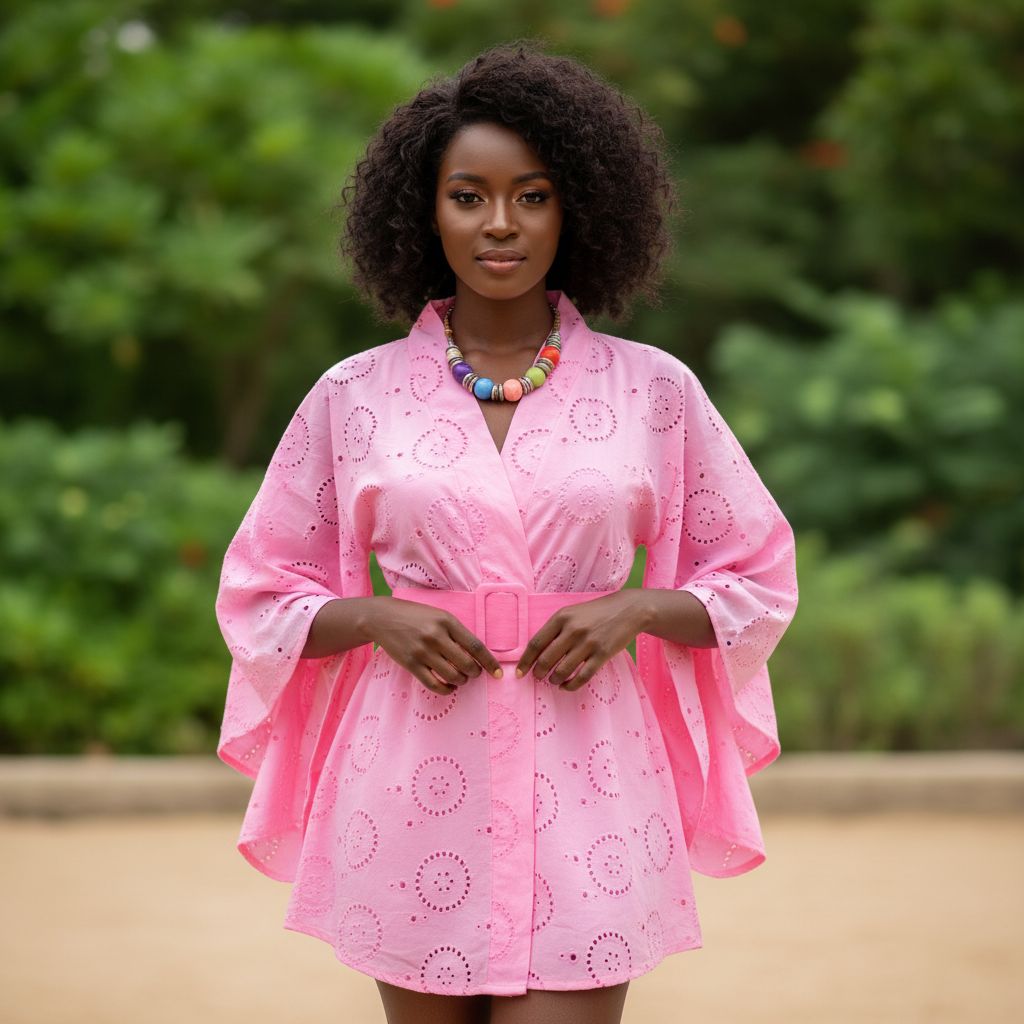 Chemise femme broderie anglaise rose, blouse large bohème chic ceinturée